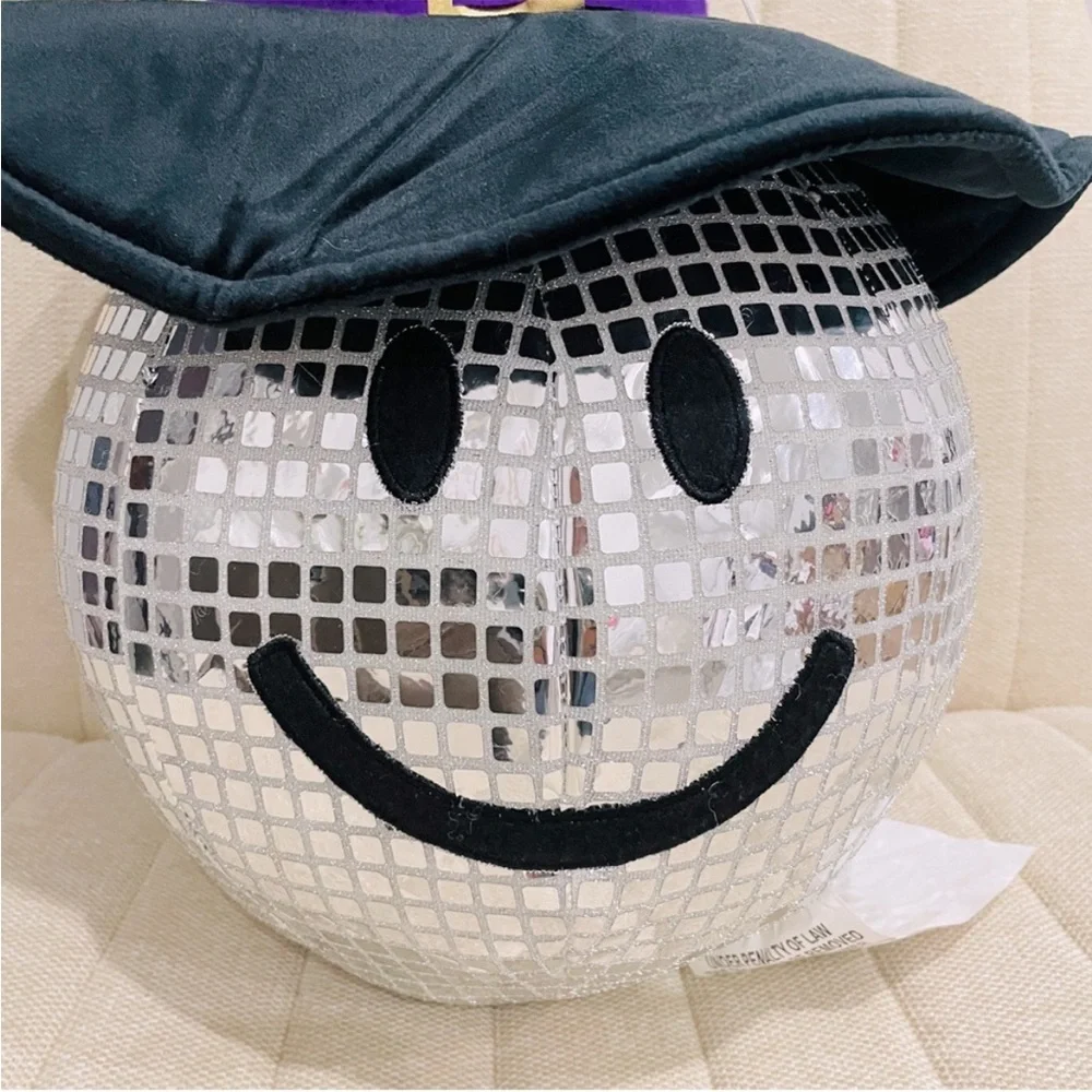NEW Halloween‎ Smiley Face Disco Ball with Witch Hat Silver Mirrored Decor